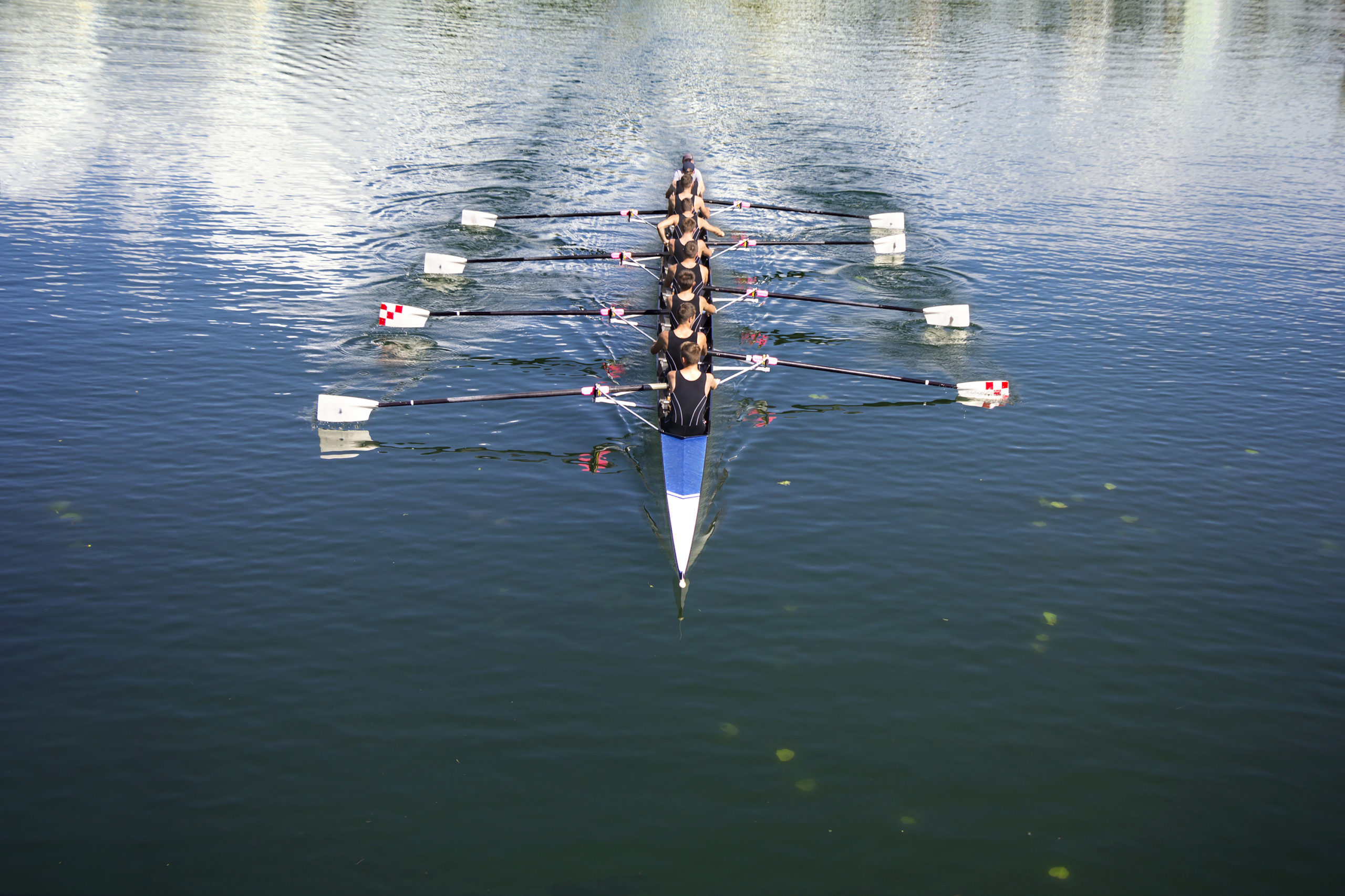 Boat coxed eight Rowers rowing on the tranquil lake