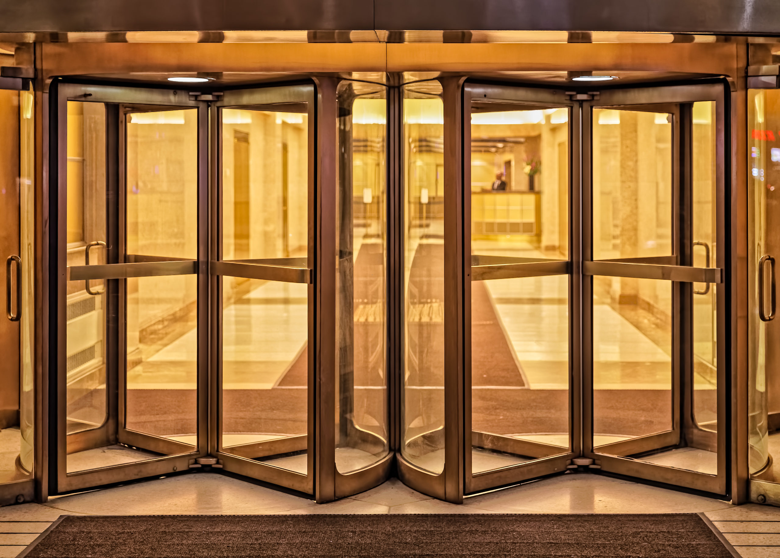 Revolving doors offer entrance to an office building