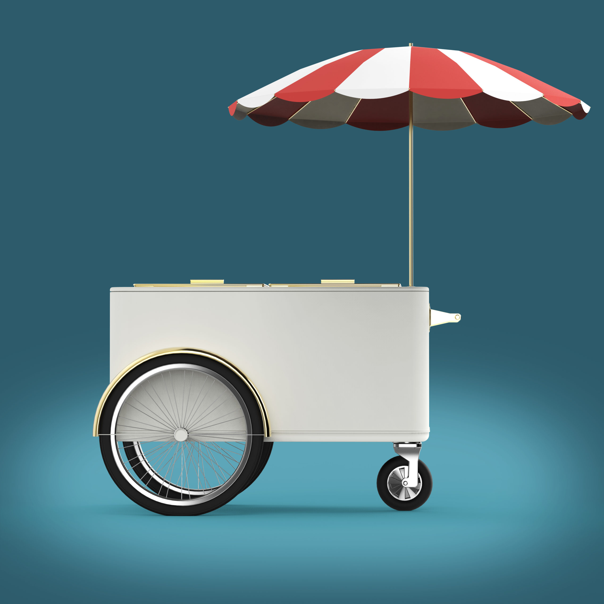 Ice cream cart with a red and white umbrella, set against a blue background